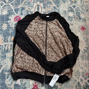 Three Dots Bronze Sequin & Black Bomber Jacket